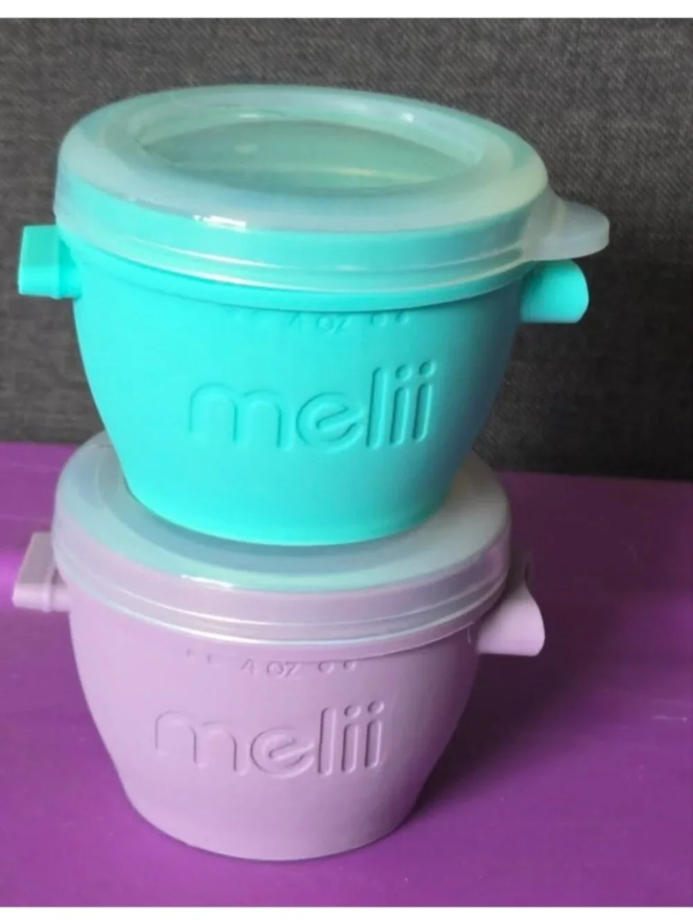 Melii Silicone Snack Containers 4oz w/ Lids Set of 2 Aqua Purple BPA Free